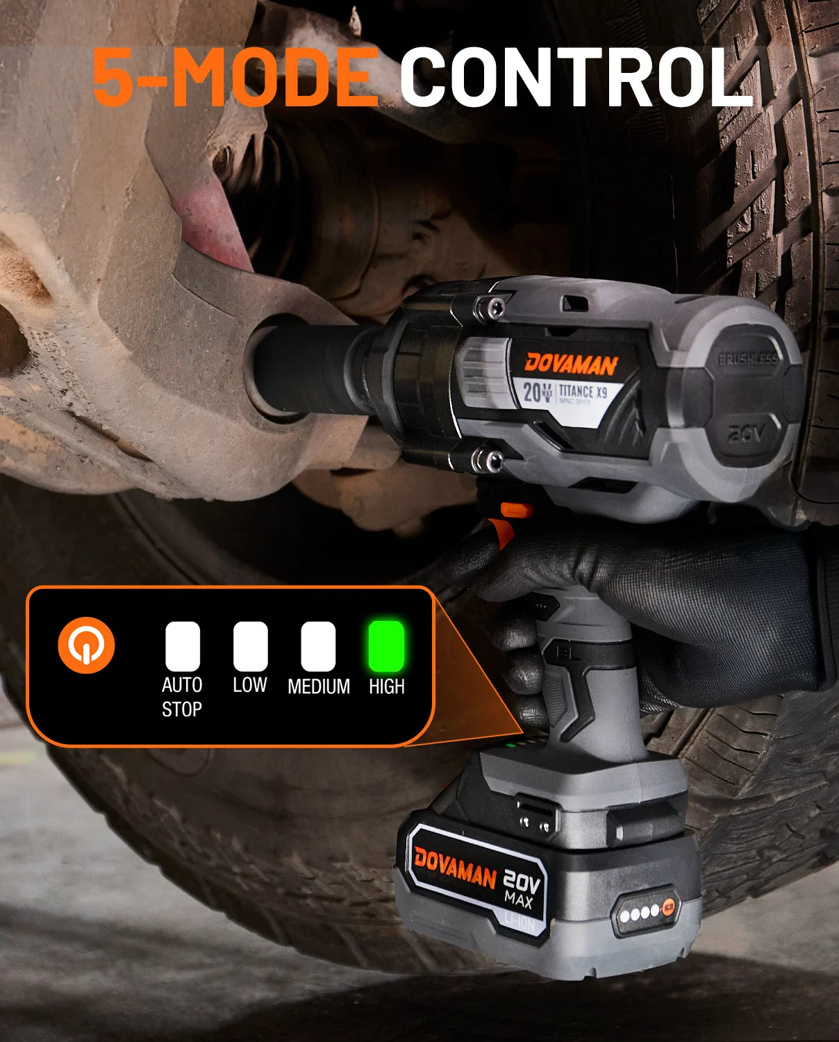 DOVAMAN 20V Brushless Impact Wrench, 3/4" Cordless Impact Gun 2200Nm, 5 Modes, 4.0Ah Battery for Lug Nuts & Trucks