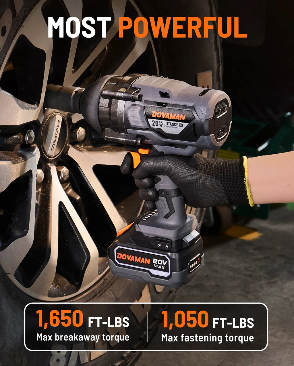 DOVAMAN 20V Brushless Impact Wrench, 3/4" Cordless Impact Gun 2200Nm, 5 Modes, 4.0Ah Battery for Lug Nuts & Trucks