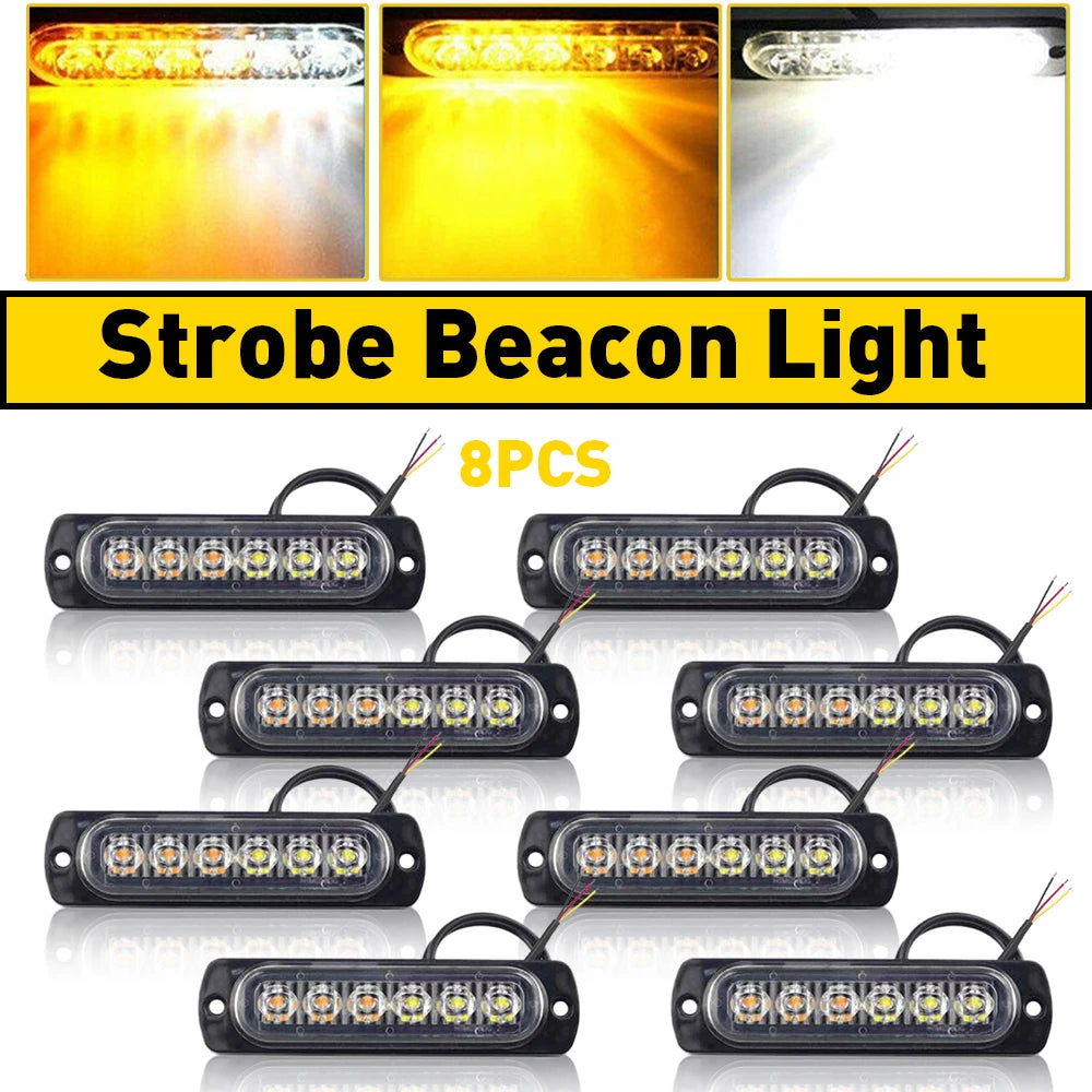 8Pcs Amber White 6LED Car Truck Emergency Beacon Warning Hazard Flash Strobe Light 12V-24V For Engineering Vehicles Car LED Lamp