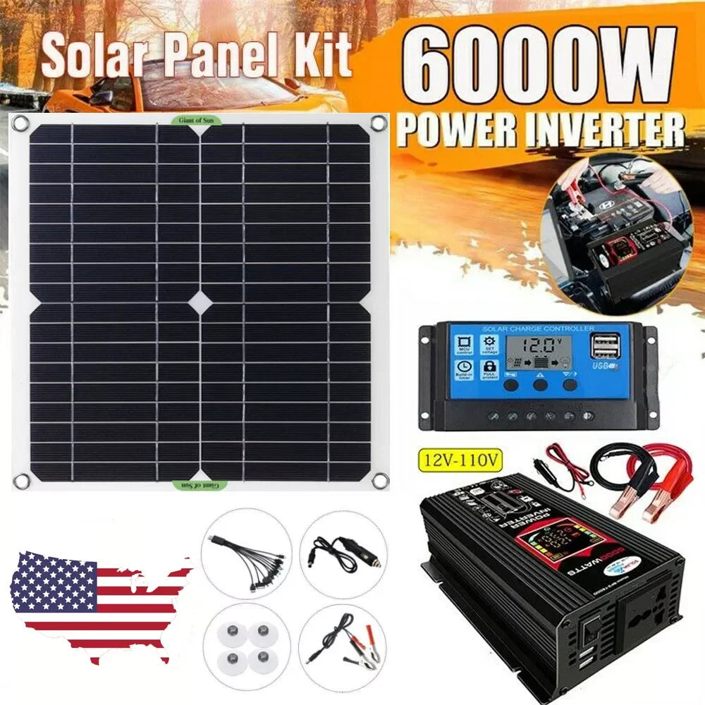 6000W Inverter and Solar Panel Kit 12V Battery Charger with 100A Controller Caravan Solar Power Generator Home 110V Grid System